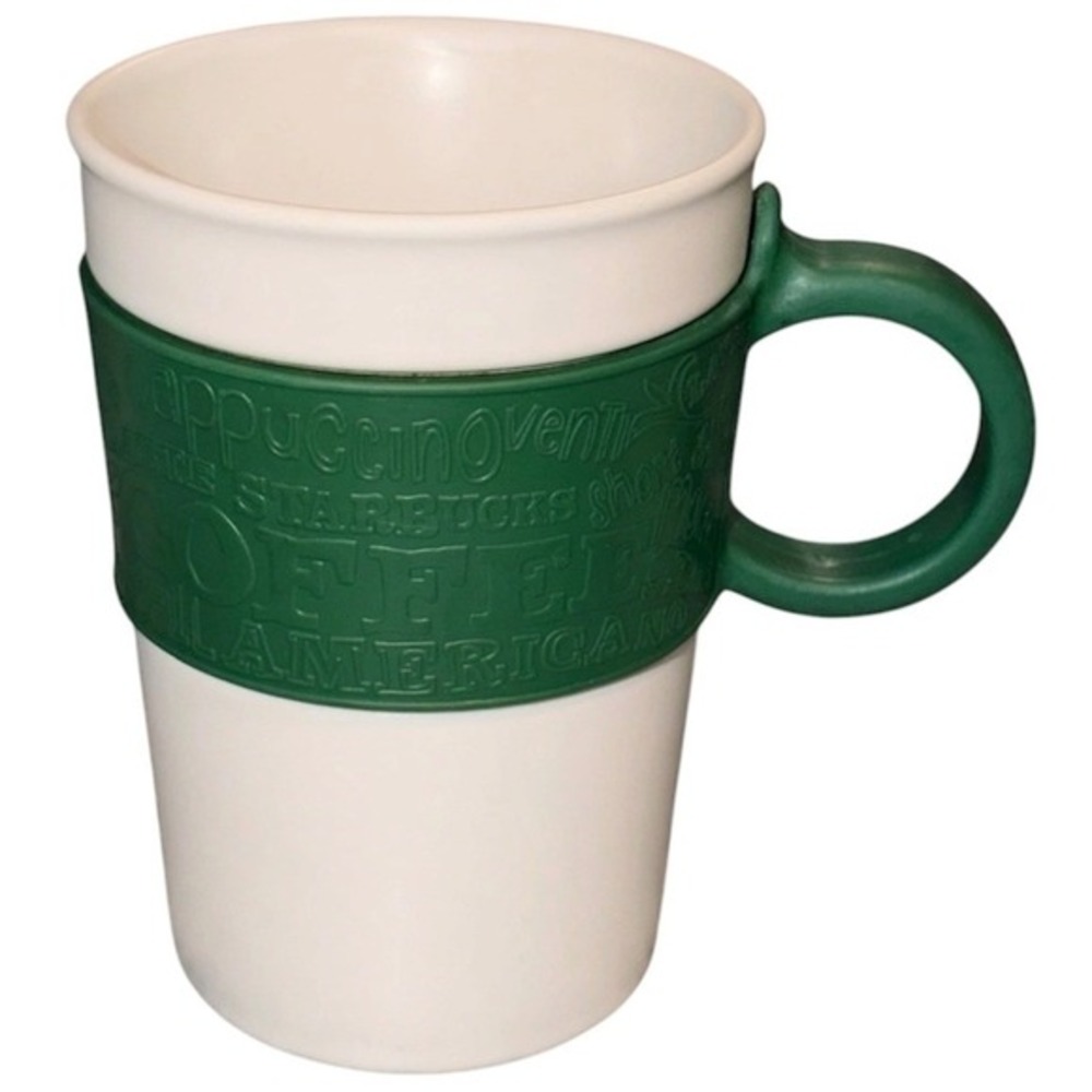 Starbucks 2008‎ White Ceramic Mug Green Silicone Sleeve Embossed 12oz Coffee Cup